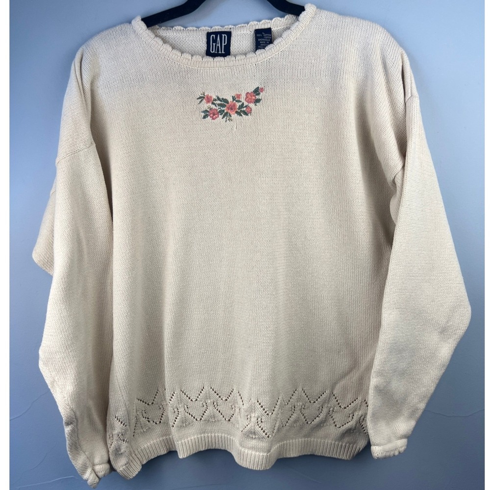 VTG GAP Cotton Pullover Floral Embroidery Sweater Grannycore Country Cottagecore